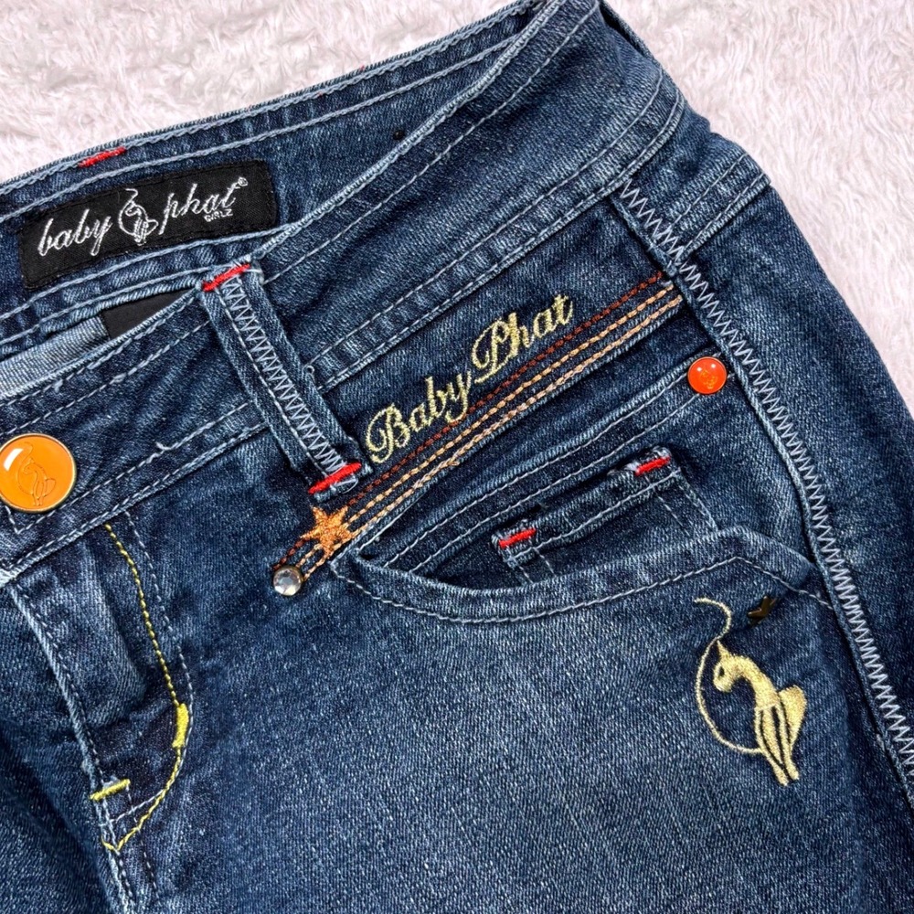 Y2K‎ Baby Phat Denim Capris GIRLS 12 WOMENS 27 Blue Embroidered Cat Star Stitch